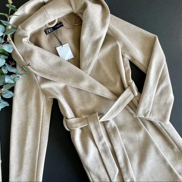 Zara • Long Sleeve Hooded Belted Wrap Coat Beige Size S - Picture 4 of 11